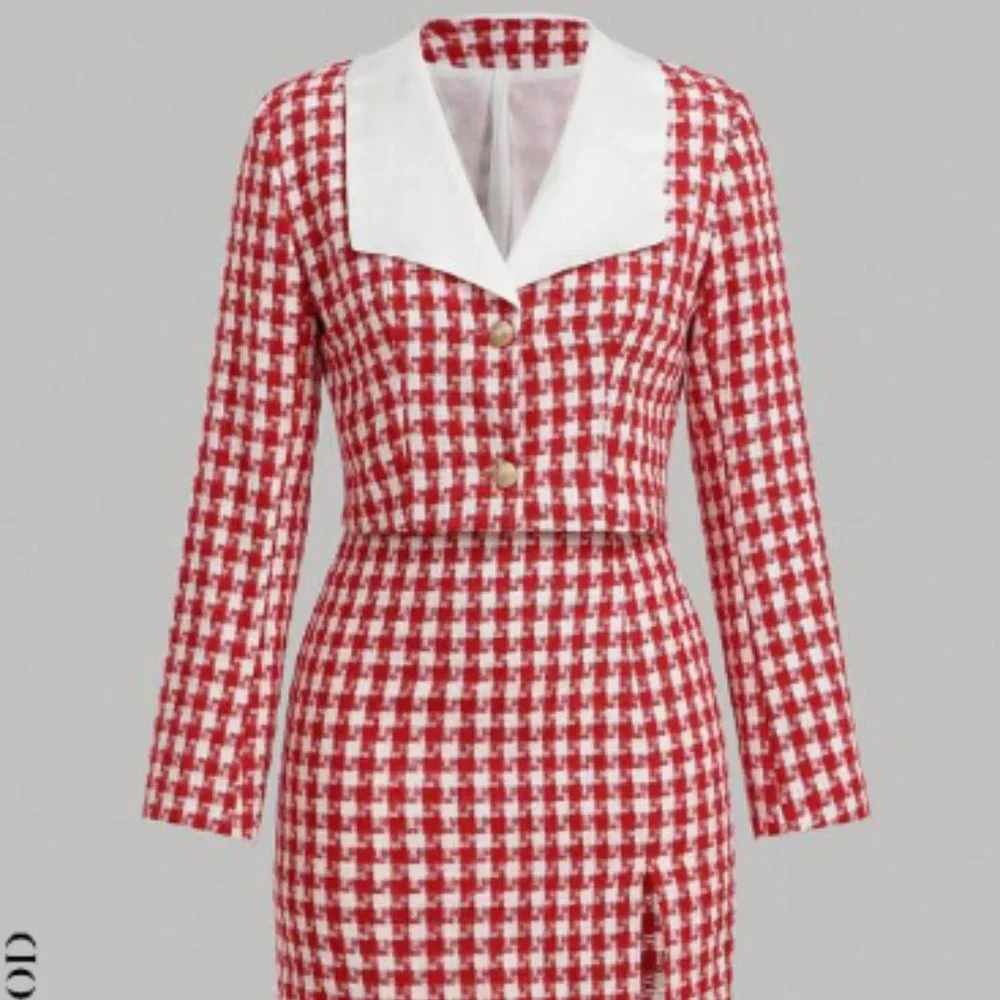 ๐5/$25๐ SHEIN MOD HOUNDSTOOTH CONTRAST COLLAR JACKET & SPLIT HEM SKIRT Suit - Picture 3 of 5